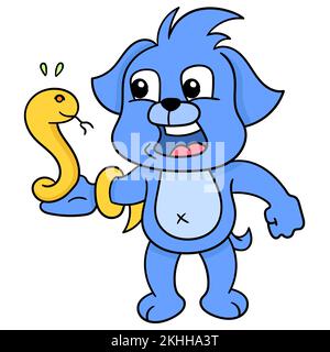 A doodle drawing of the blue dog with a frightened face because of the poisonous snake on his hand Stock Vector