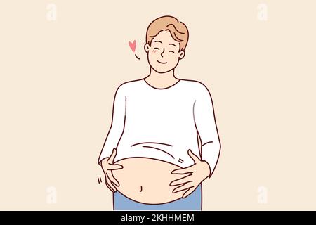 Happy fat man holding big belly feeling body positive. Smiling overweight guy with huge stomach with self-acceptance. Vector illustration.  Stock Vector