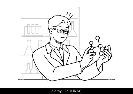 Smiling male scientist working with atom model in laboratory. Happy man researcher in uniform busy in lab. Science and biotechnology. Vector illustration.  Stock Vector