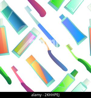 Tubes of toothpaste and toothbrushes items seamless pattern. Cartoon style. Items for dental and oral care. Isolated on white background. Vector Stock Vector