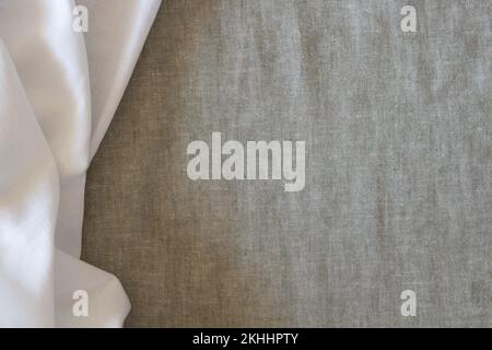 Abstract linen fabric texture background. Crumpled natural linen organic eco textiles canvas background. Top view Stock Photo