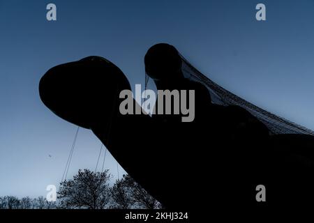 New York, United States. 23rd Nov, 2022. Sinclair Oil Dino and Baby Dino balloons inflated for 96th Macy's Thanksgiving Day Parade on 77th street (Photo by Lev Radin/Pacific Press) Credit: Pacific Press Media Production Corp./Alamy Live News Stock Photo