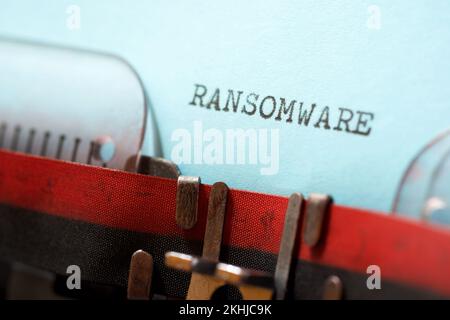 Ransomware text written with a typewriter. Stock Photo