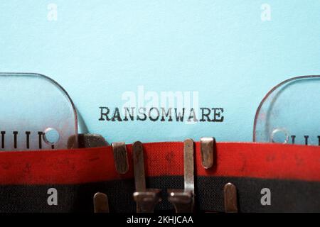 Ransomware text written with a typewriter. Stock Photo