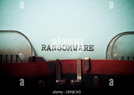 Ransomware text written with a typewriter. Stock Photo