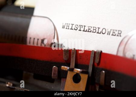 Whistleblower text written with a typewriter. Stock Photo