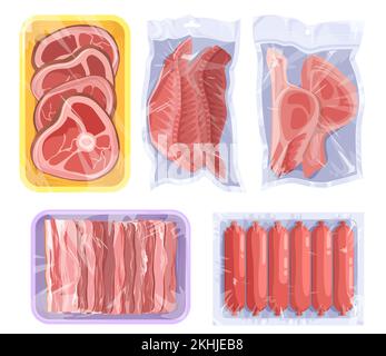 Vacuum food vector. Set of meat, poultry, seafood on plastic trays covered with polyethylene kitchen saran film. Chicken, crawfish, beef steak, sausag Stock Vector