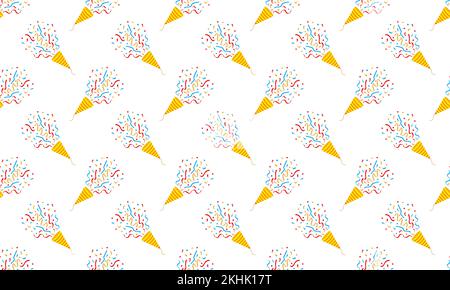 Exploding party popper cones with confetti seamless pattern. Festive concept background. Scrapbooking or wrapping paper, napkin, textile design. Vector cartoon illustration. Stock Vector