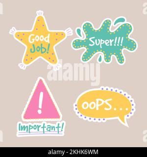 Job and great job groovy stickers pack. Set of reward stickers for teachers and kids. Hand drawn vector illustration Stock Vector