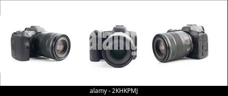 Digital mirrorless camera isolated on the white background. Three different view Stock Photo