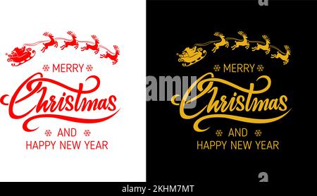 Christmas greeting card logo. Vector template with Santa Claus in sleigh with deer team. Stock Vector
