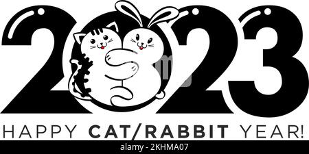 2023 chinese new year. Cartoon cute cat hugging rabbit. Vector on transparent background Stock Vector