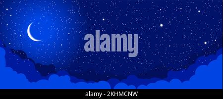 Starry night sky with clouds and crescent. Vector fantasy background Stock Vector