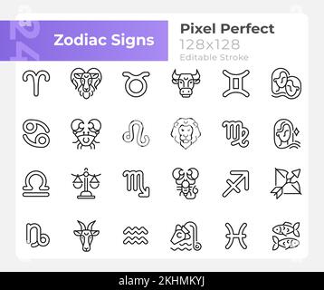 Zodiac signs pixel perfect linear big icons set Stock Vector