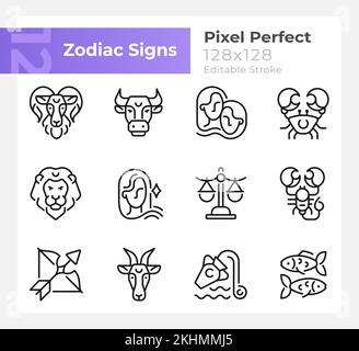 Astrological signs pixel perfect linear icons set Stock Vector
