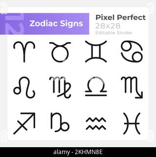 Astrological signs pixel perfect minimalistic linear icons set Stock Vector