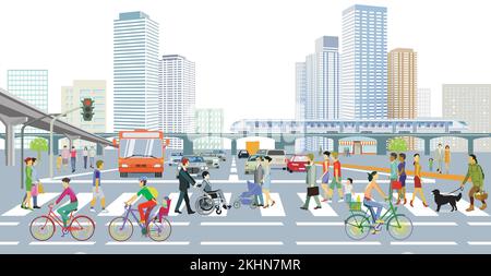 Cars on the crossroads in the big city with pedestrian crossing, illustration Stock Vector