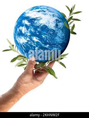 Hand holding and supporting blue planet Earth, with peace symbol olive tree leaves, isolated. Peace on Earth concept. Stock Photo