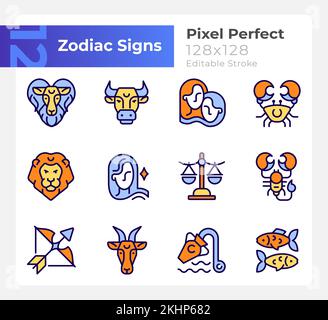 Astrological signs pixel perfect RGB color icons set Stock Vector