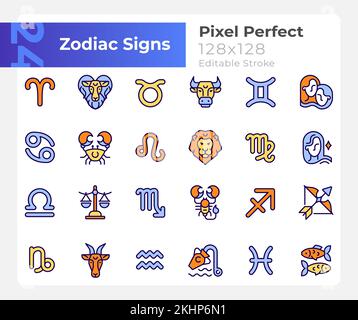 Zodiac signs pixel perfect RGB color big icons set Stock Vector