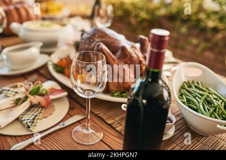Top view, wine glass and food at luxury restaurant, chicken and vegetable. Alcohol, meal, fresh meat and arranged for lunch on a vineyard with wine Stock Photo