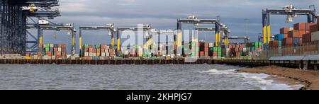 Felixstowe united kingdom 22, November 2022 stacked  Containers overflowing at Felixstowe Port Stock Photo