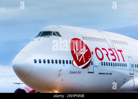A historic moment as the Virgin Orbit, Cosmic Girl, a 747-400 converted to a rocket launch platform taxiing to a halt on the runway at the Spaceport C Stock Photo