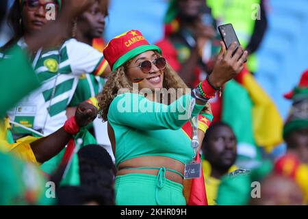 Al Wakrah, Qatar. 24th Nov, 2022. Cameroon fans during the FIFA World Cup Qatar 2022 Group G match between Switzerland and Cameroon at Al Janoub Stadium, Al-Wakrah, Qatar on 24 November 2022. Photo by Peter Dovgan. Editorial use only, license required for commercial use. No use in betting, games or a single club/league/player publications. Credit: UK Sports Pics Ltd/Alamy Live News Stock Photo