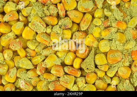 Moldy corn kernels. Aflatoxin - Aspergillus flavus and Aspergillus parasiticus. Corn mycotoxins - rotten corn grains. Rotten corn grains. Stock Photo