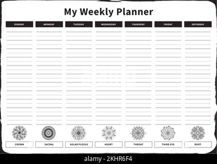 Weekly Planner with 7 Days and corresponding Chakras in Black and White English Stock Vector