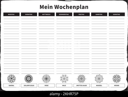 Weekly Planner with 7 Days and corresponding Chakras in Black and White German Stock Vector