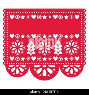 Christmas Papel Picado vector design with Xmas trees, Mexican winter