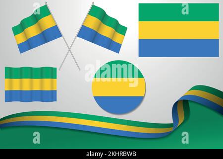 A set of Gabon flags in different designs, icon, flaying flags and ribbon with background. Stock Vector