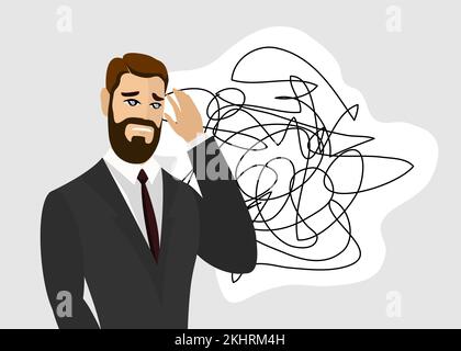 Overthinking bearded businessman with tangled line negative chaotic thought process concept. Tired man with emotional and physical burnout and mess in head. Confusion and depression. Vector eps Stock Vector