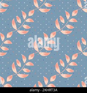 Sprigs of leaves seamless vector pattern background. Pastel blue pink botanical foliage. Hand drawn line art diagonal leaf backdrop on subtle fiber Stock Vector