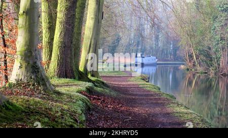 PhotographTrent and Mersey canal a British Waterways canal near Shugborough in Staffordshire showing with towpath and light forms of nature mirrored o Stock Photo