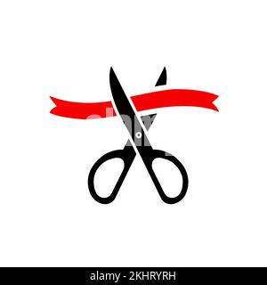 Black scissors cutting red ribbon on white background in frame Stock Vector