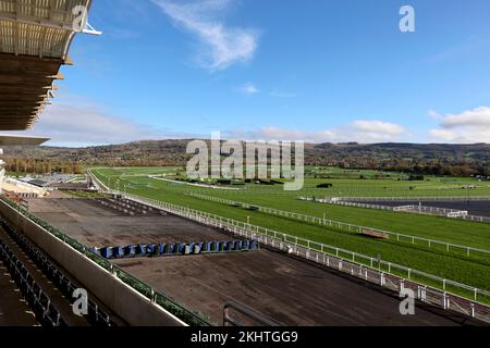 View over Cheltenham Racecourse, from the main stand, not race day,  looking towards Cleeve Hill, Gloucestershire, England. 16 November 2022  Picture Stock Photo