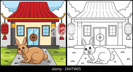 Rabbit in front of Chinese Temple Illustration Stock Vector