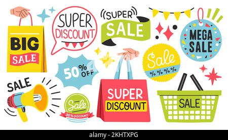 Sale big set, design elements announcing sale. Promotion poster template super sale vector illustration Stock Vector