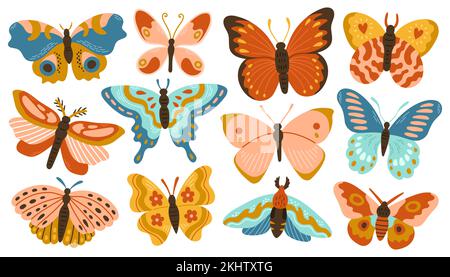 Butterflies and moths collection with abstract decorative modern design, vector isolated on white Stock Vector