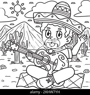 Cinco de Mayo Man Playing Guitar Coloring Page  Stock Vector