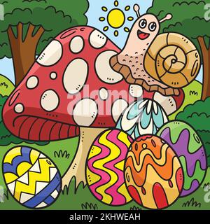 Snail on Mushroom with Easter Eggs Colored Stock Vector
