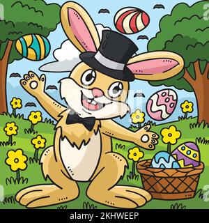Bunny Juggling Easter Eggs Colored Cartoon  Stock Vector