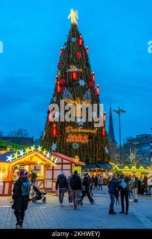 Christmas market in Dortmund, Hansaplatz, the market with the biggest Christmas tree in the world, NRW, Germany, Stock Photo