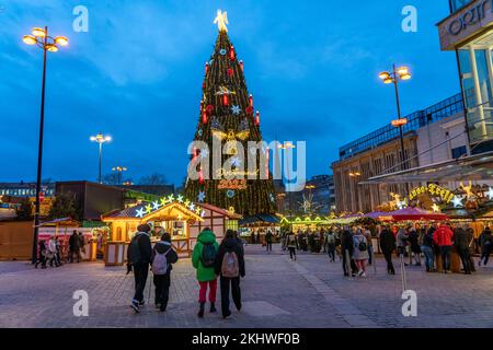 Christmas market in Dortmund, Hansaplatz, the market with the biggest Christmas tree in the world, NRW, Germany, Stock Photo