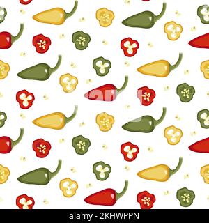 Seamless pattern on white background of red, yellow, green and slices Pepper. Vector illustration of vegetables in flat style Stock Vector