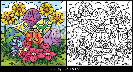 Easter Eggs with Flowers Coloring Illustration Stock Vector
