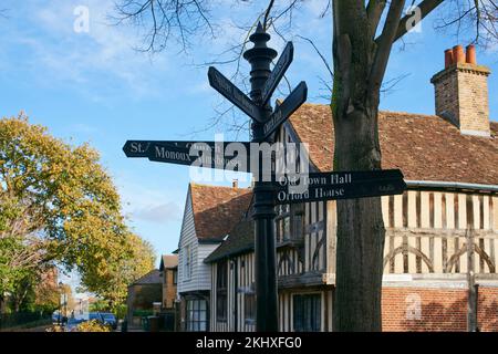 Signpost outside the Ancient House in Walthamstow Village, North East London, UK Stock Photo