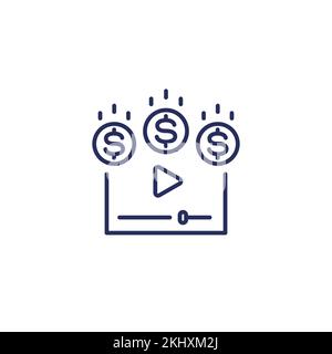 Video monetization, earn money for video line icon Stock Vector
